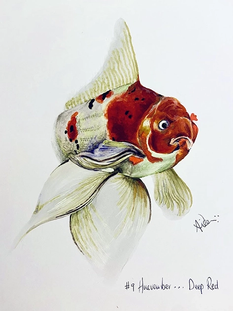 A realistic drawing of a goldfish with a red and white body, large flowing fins, and black spots. The image is signed "Alicia" and labeled "#9 Huevember... Deep Red" in handwritten text.