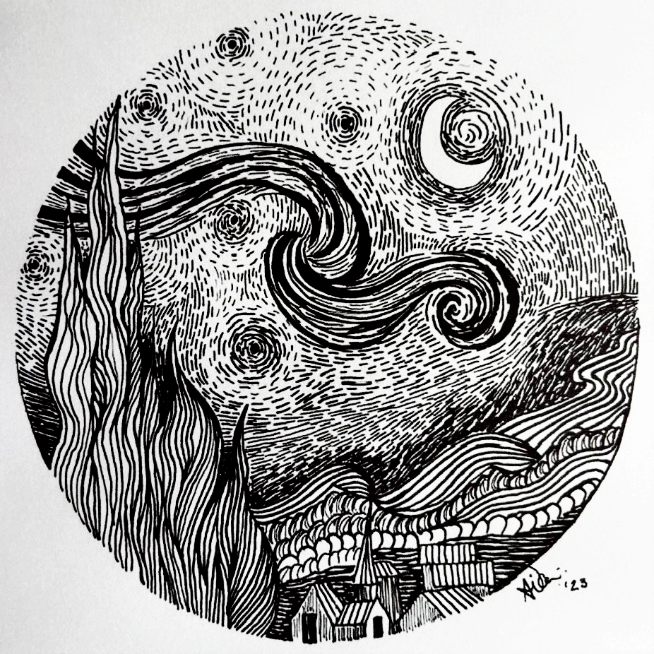 A black and white pen drawing depicts a swirling night sky with a crescent moon and stars above rolling hills, trees, and a cluster of small houses, inspired by Van Gogh’s “The Starry Night.”.