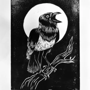 A black and white illustration of a crow perched on a branch, with its beak open, set against a large full moon and a starry night sky in the background.