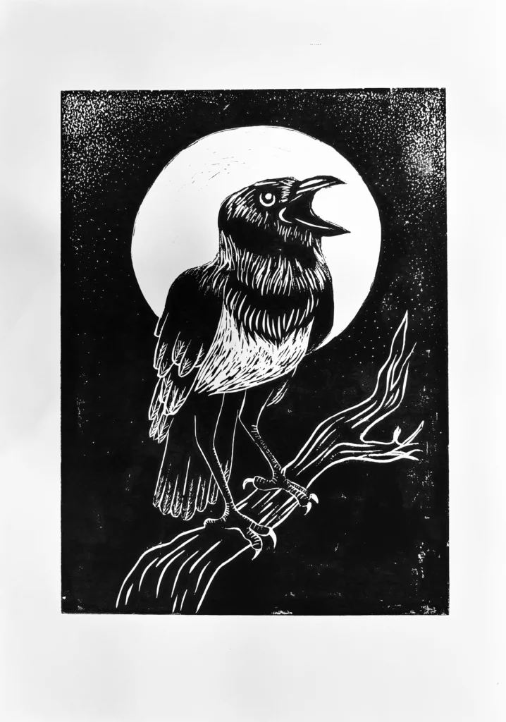A black and white illustration of a crow perched on a branch, with its beak open, set against a large full moon and a starry night sky in the background.