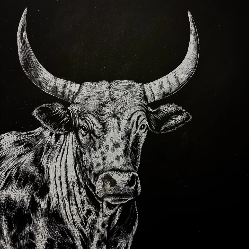 A detailed black and white illustration of a bull with large, curved horns and a speckled coat, shown against a plain dark background. The bull is facing forward.
